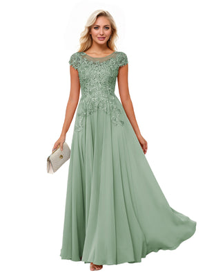 A-line Scoop Illusion Floor-Length Lace Chiffon Mother of the Bride Dress With Sequins