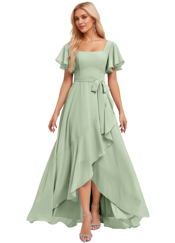A-line Square-Neck Floor-Length Chiffon Bridesmaid Dress With Ruffle