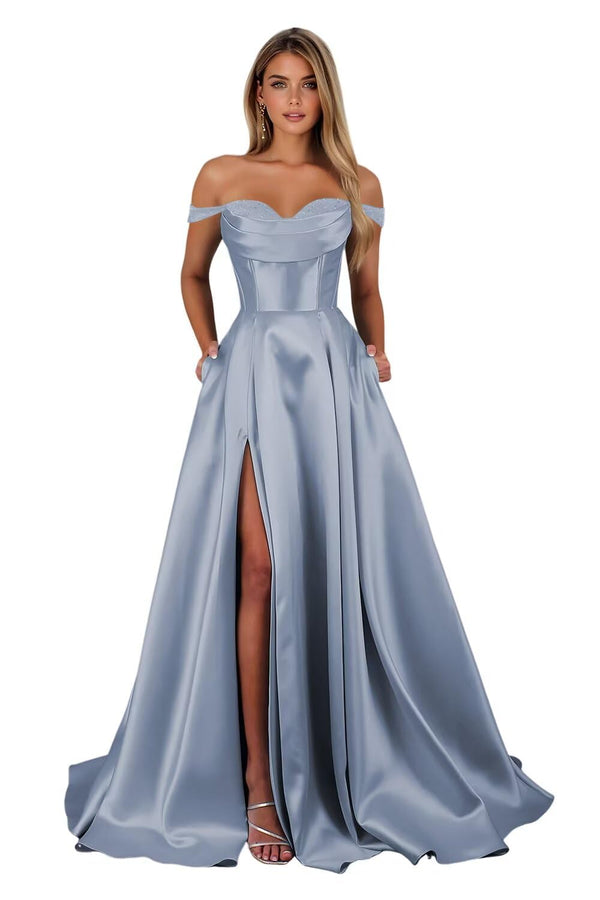 A-line Off the Shoulder Floor-Length Satin Prom Dresses