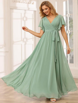 A-line V-Neck Floor-Length Chiffon Bridesmaid Dress With Ruffle