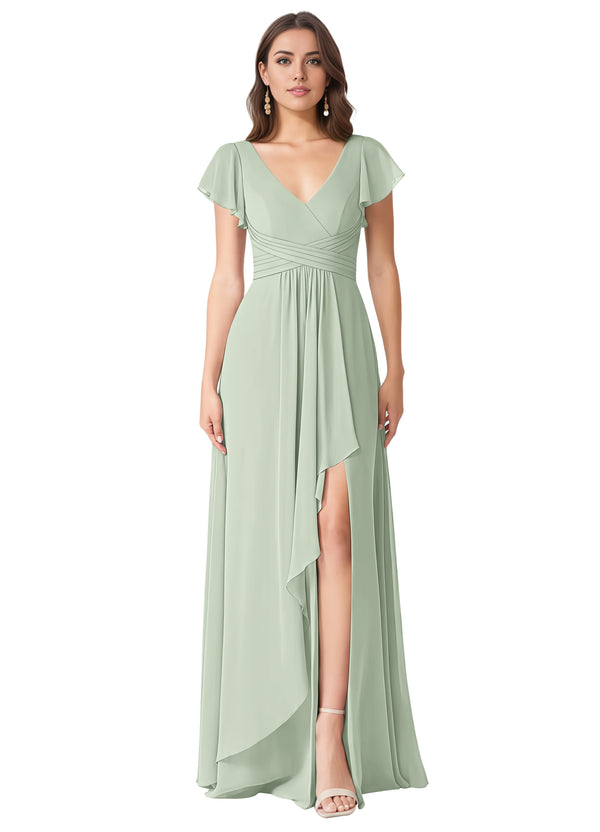 A-line V-Neck Floor-Length Chiffon Bridesmaid Dress With Ruffle