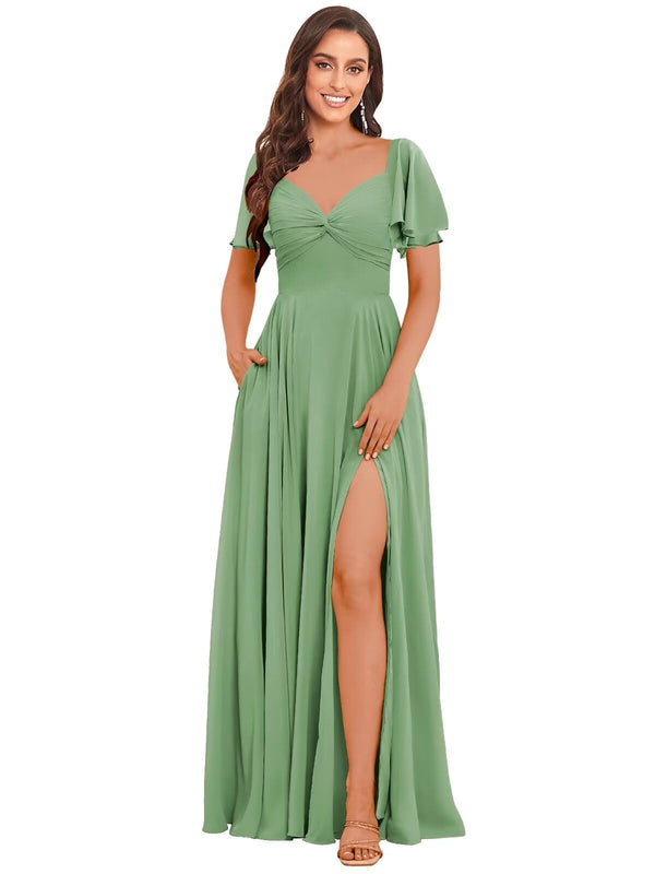 A-line V-Neck Floor-Length Chiffon Bridesmaid Dress With Ruffle