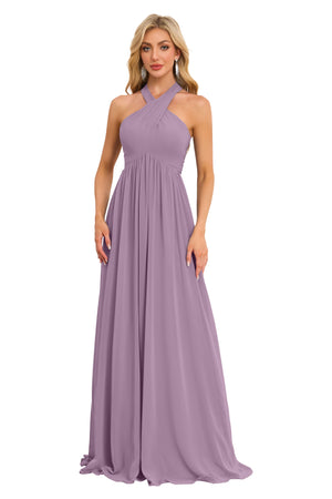 A-line Halter Floor-Length Chiffon Bridesmaid Dress With Ruffle