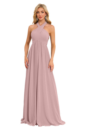 A-line Halter Floor-Length Chiffon Bridesmaid Dress With Ruffle