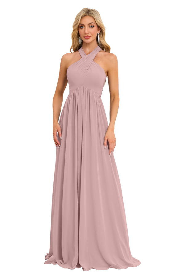 A-line Halter Floor-Length Chiffon Bridesmaid Dress With Ruffle