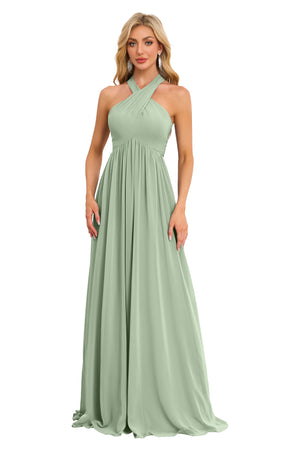 A-line Halter Floor-Length Chiffon Bridesmaid Dress With Ruffle