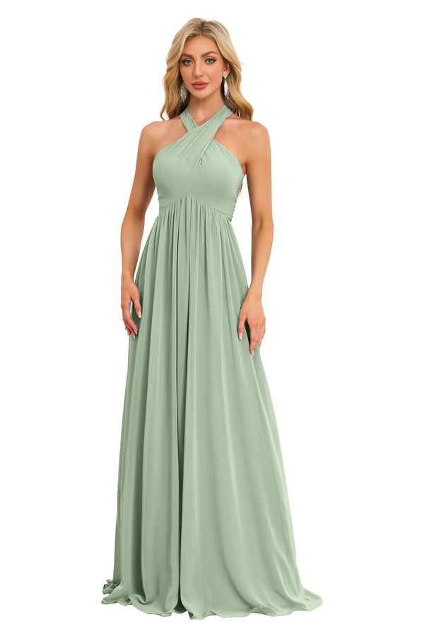 A-line Halter Floor-Length Chiffon Bridesmaid Dress With Ruffle