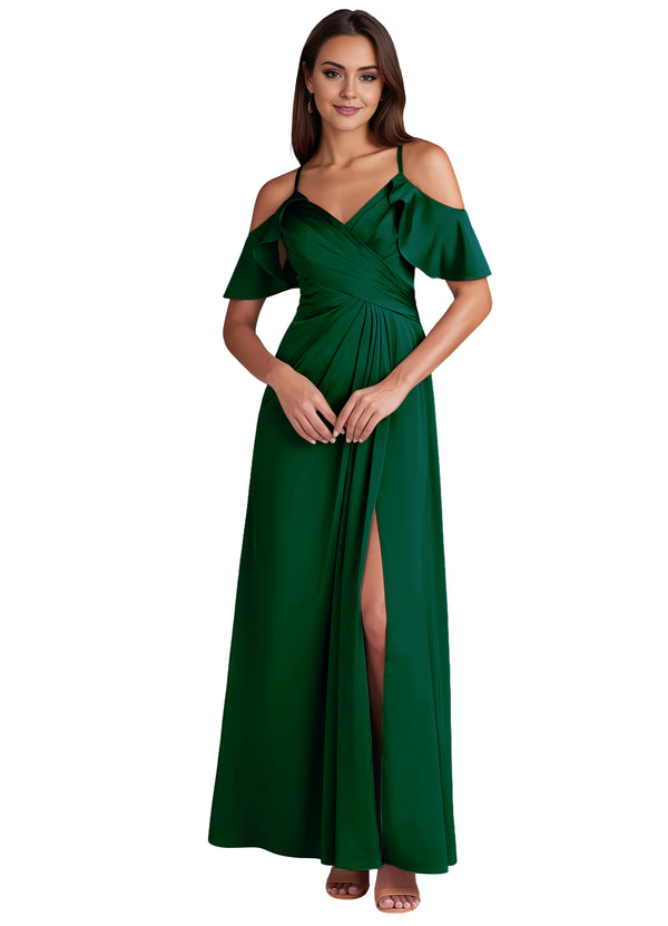 A-line Cold Shoulder Floor-Length Satin Bridesmaid Dress With Ruffle