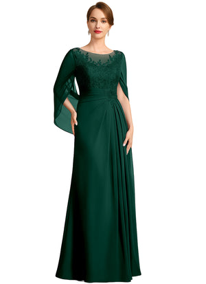 A-line Scoop Illusion Floor-Length Lace Chiffon Mother of the Bride Dress With Sequins Pleated