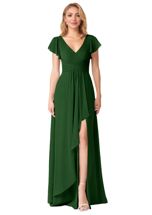 A-line V-Neck Floor-Length Chiffon Bridesmaid Dress With Ruffle