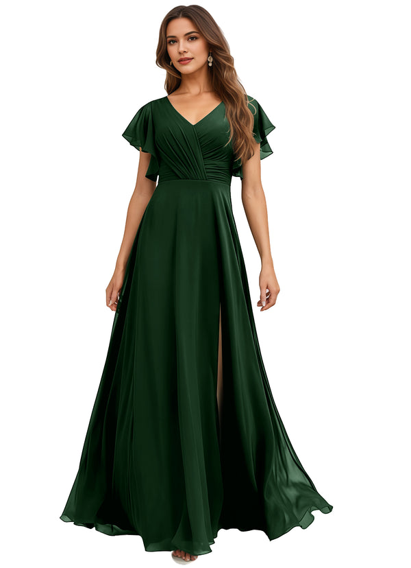 A-line V-Neck Floor-Length Chiffon Bridesmaid Dress With Ruffle