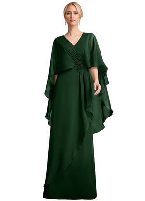 A-line V-Neck Floor-Length Chiffon Mother of the Bride Dress With Cascading Ruffles Beading