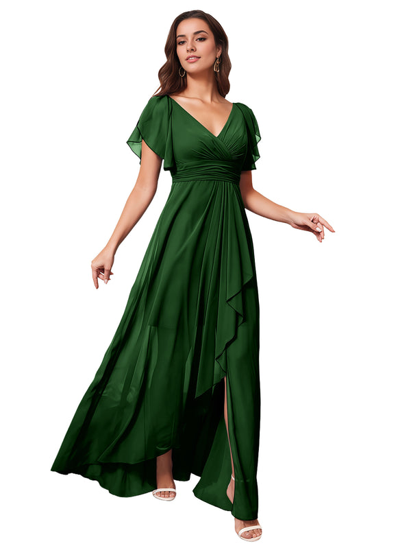 A-line V-Neck Floor-Length Chiffon Bridesmaid Dress With Ruffle