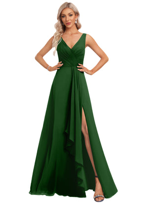 A-line V-Neck Floor-Length Chiffon Bridesmaid Dress with Ruffle
