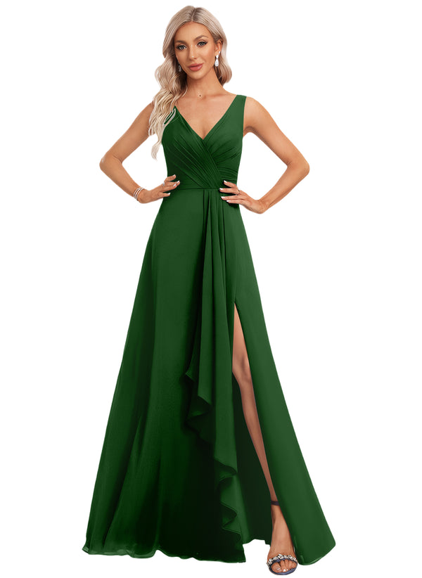 A-line V-Neck Floor-Length Chiffon Bridesmaid Dress with Ruffle
