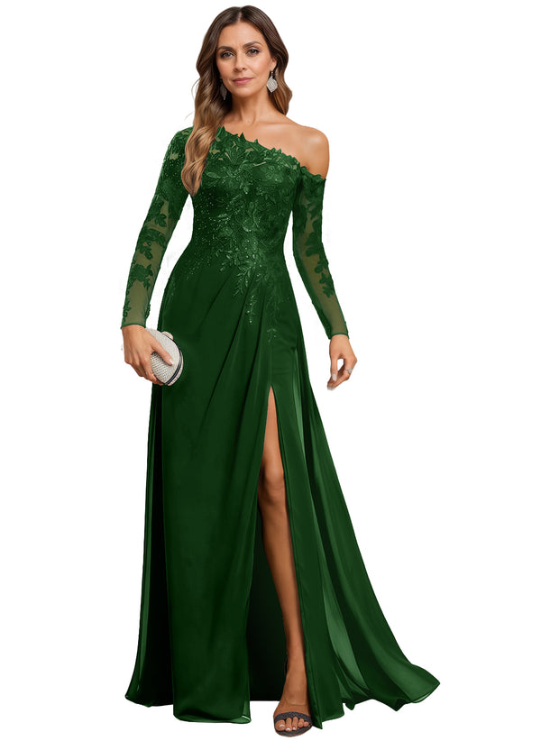 Trumpet/Mermaid Asymmetrical Illusion Floor-Length Lace Chiffon Evening Dress With Sequins
