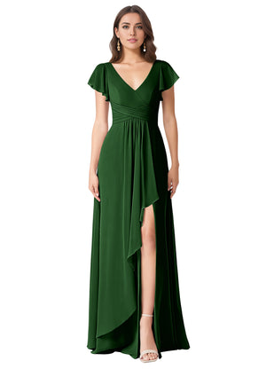 A-line V-Neck Floor-Length Chiffon Bridesmaid Dress With Ruffle