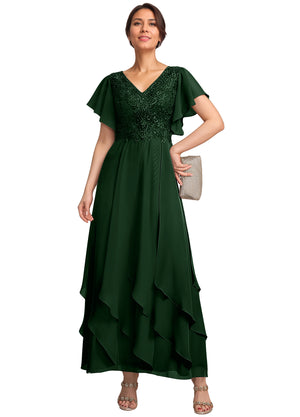 A-line V-Neck Ankle-Length Lace Chiffon Mother of the Bride Dress With Cascading Ruffles