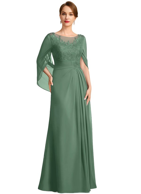 A-line Scoop Illusion Floor-Length Lace Chiffon Mother of the Bride Dress With Sequins Pleated