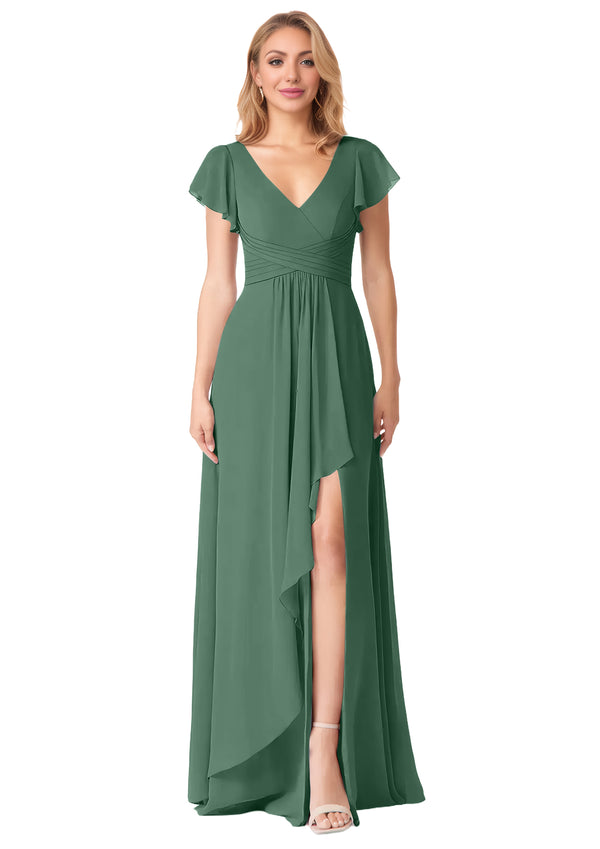 A-line V-Neck Floor-Length Chiffon Bridesmaid Dress With Ruffle