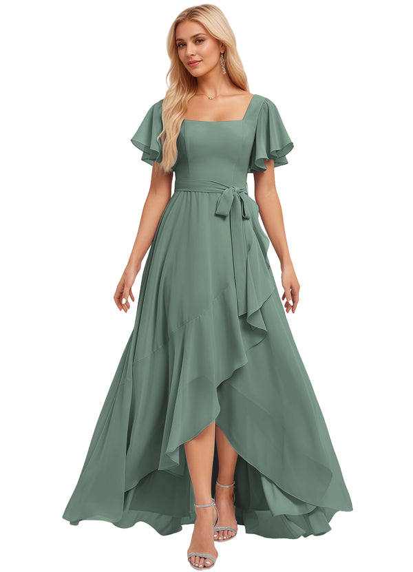 A-line Square-Neck Floor-Length Chiffon Bridesmaid Dress With Ruffle