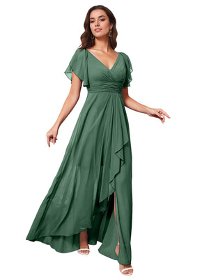 A-line V-Neck Floor-Length Chiffon Bridesmaid Dress With Ruffle