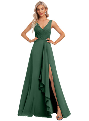 A-line V-Neck Floor-Length Chiffon Bridesmaid Dress with Ruffle