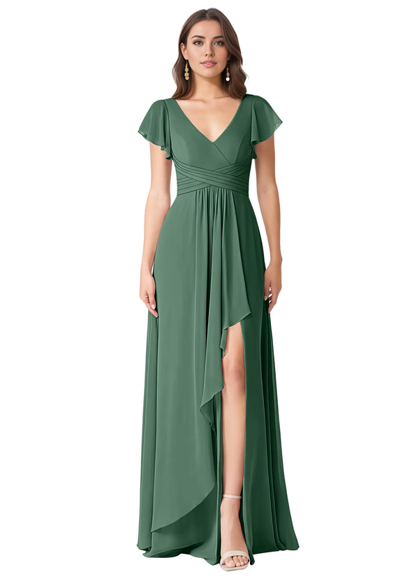 A-line V-Neck Floor-Length Chiffon Bridesmaid Dress With Ruffle