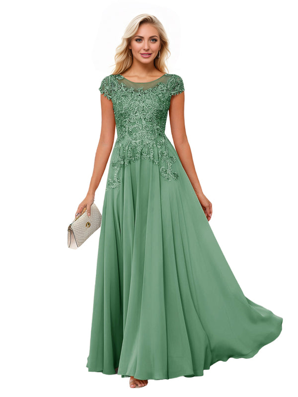 A-line Scoop Illusion Floor-Length Lace Chiffon Mother of the Bride Dress With Sequins