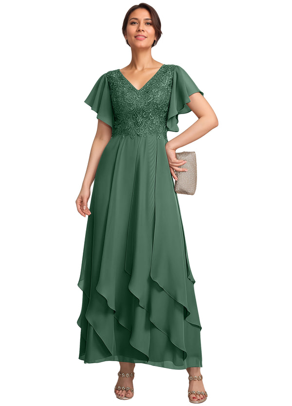 A-line V-Neck Ankle-Length Lace Chiffon Mother of the Bride Dress With Cascading Ruffles
