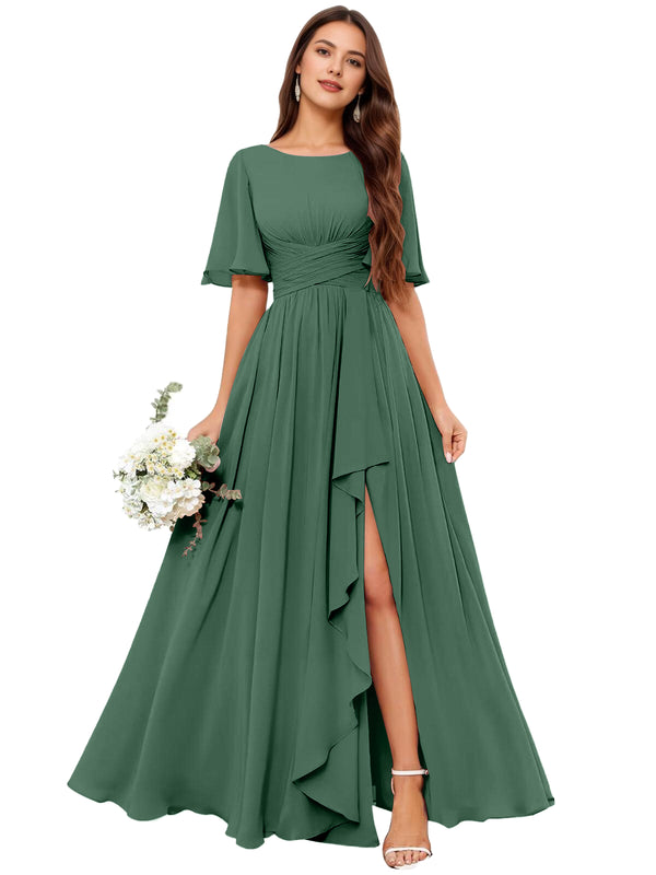 A-line Scoop Floor-Length Chiffon Bridesmaid Dress With Slit