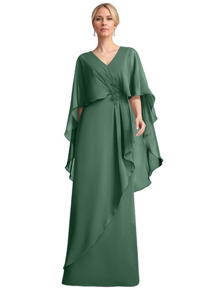 A-line V-Neck Floor-Length Chiffon Mother of the Bride Dress With Cascading Ruffles Beading