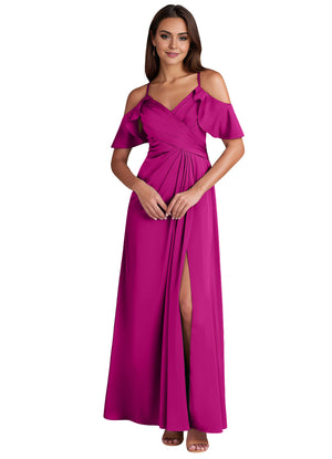 A-line Cold Shoulder Floor-Length Satin Bridesmaid Dress With Ruffle