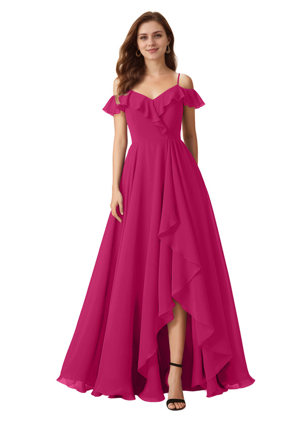 A-line Cold Shoulder Floor-Length Chiffon Bridesmaid Dress With Ruffle