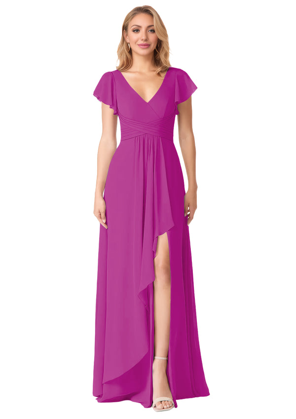 A-line V-Neck Floor-Length Chiffon Bridesmaid Dress With Ruffle