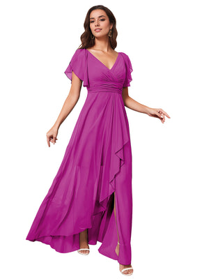 A-line V-Neck Floor-Length Chiffon Bridesmaid Dress With Ruffle
