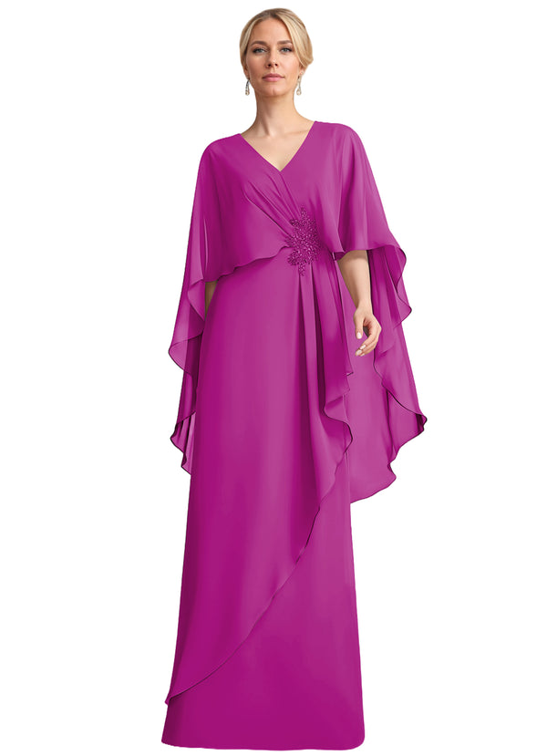 A-line V-Neck Floor-Length Chiffon Mother of the Bride Dress With Cascading Ruffles Beading