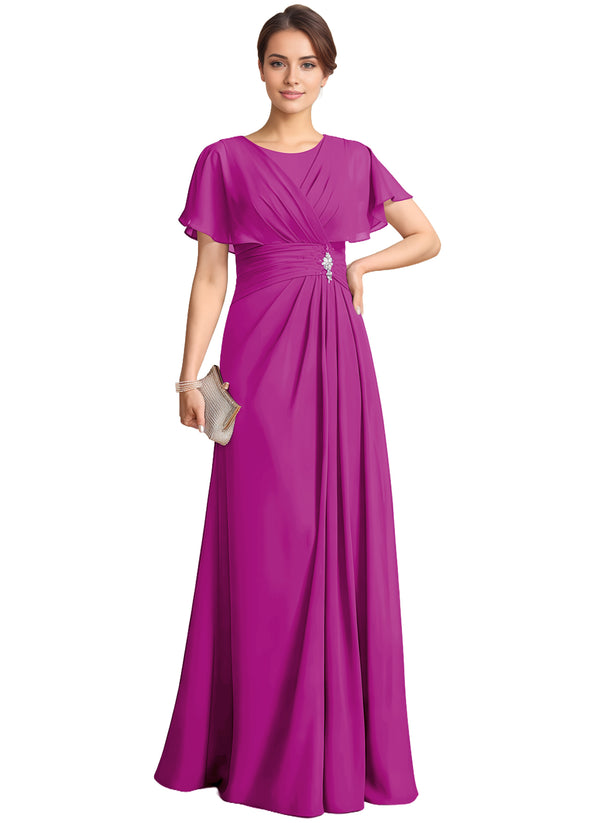 A-line Scoop Floor-Length Chiffon Mother of the Bride Dress With Pleated Beading