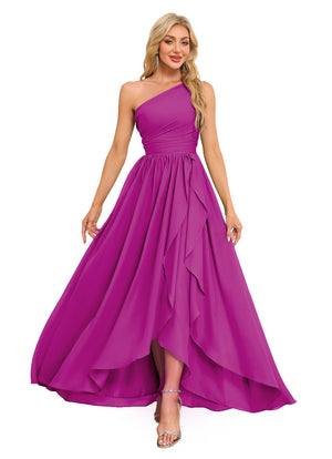 A-line One Shoulder Floor-Length Chiffon Bridesmaid Dress With Ruffle