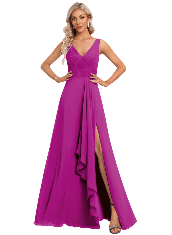 A-line V-Neck Floor-Length Chiffon Bridesmaid Dress with Ruffle