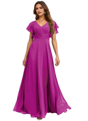 A-line V-Neck Floor-Length Chiffon Bridesmaid Dress With Ruffle