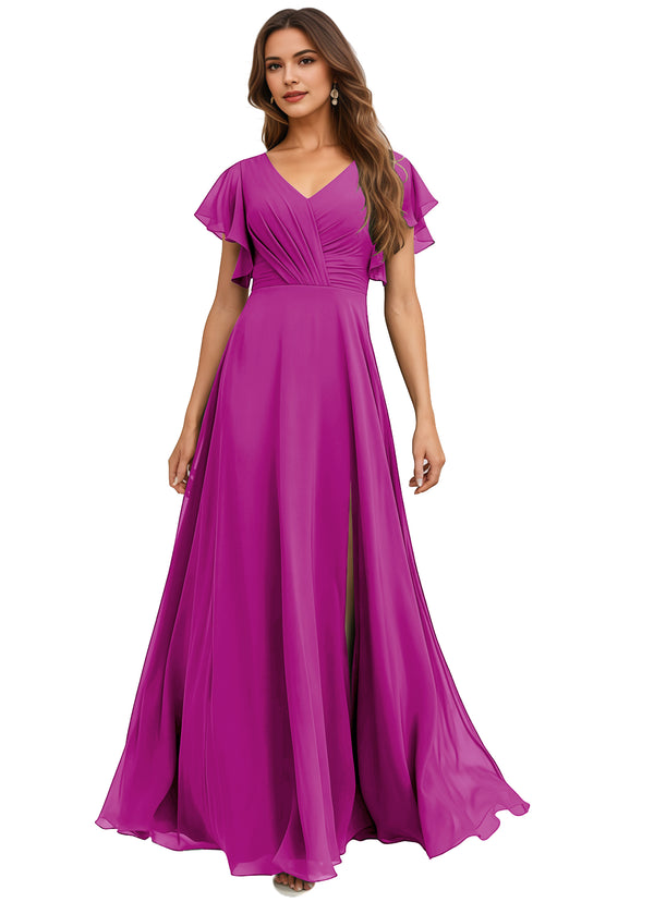 A-line V-Neck Floor-Length Chiffon Bridesmaid Dress With Ruffle