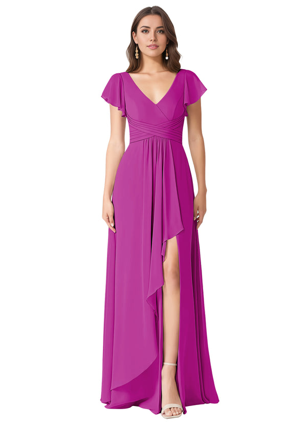 A-line V-Neck Floor-Length Chiffon Bridesmaid Dress With Ruffle