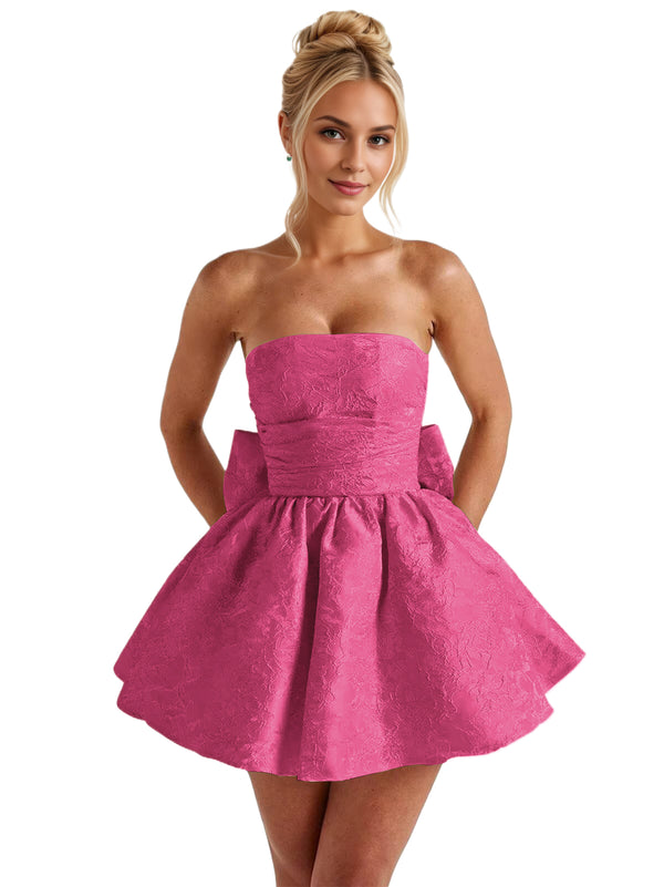 A-Line Strapless Short Jacquard Prom Dresses With Bow