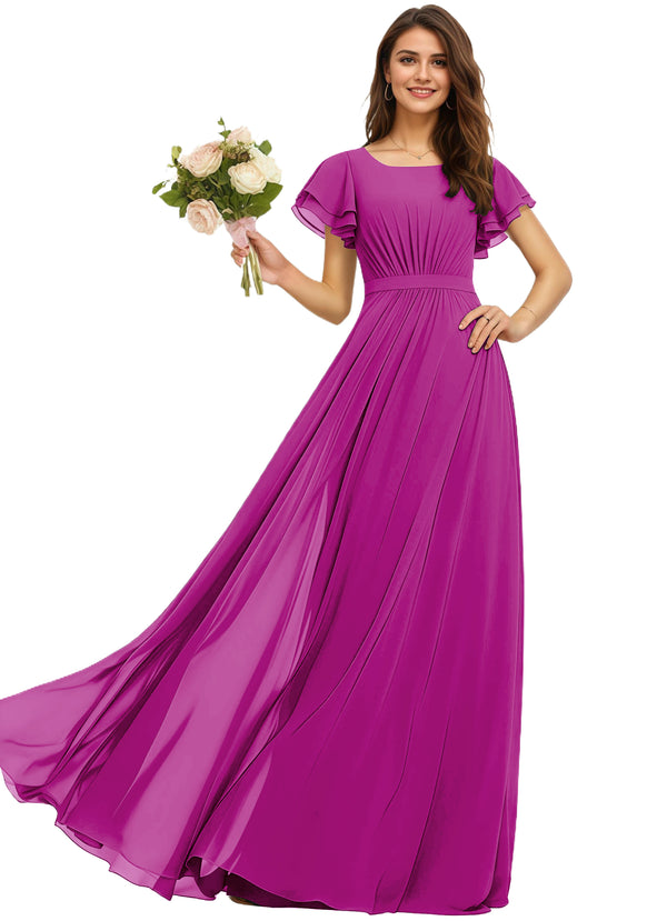 A-line Scoop Floor-Length Chiffon Bridesmaid Dress With Ruffle