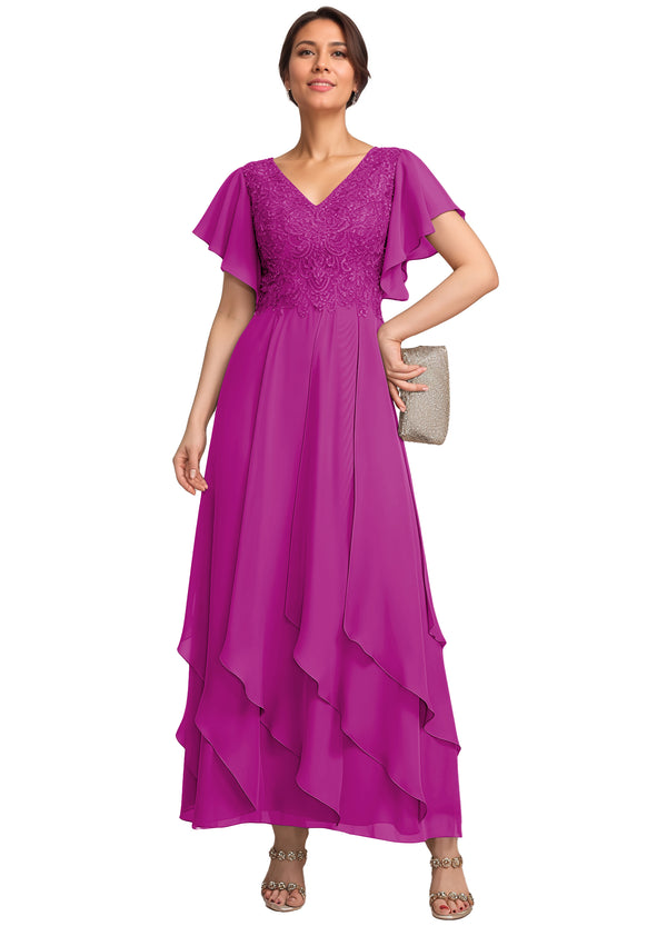 A-line V-Neck Ankle-Length Lace Chiffon Mother of the Bride Dress With Cascading Ruffles