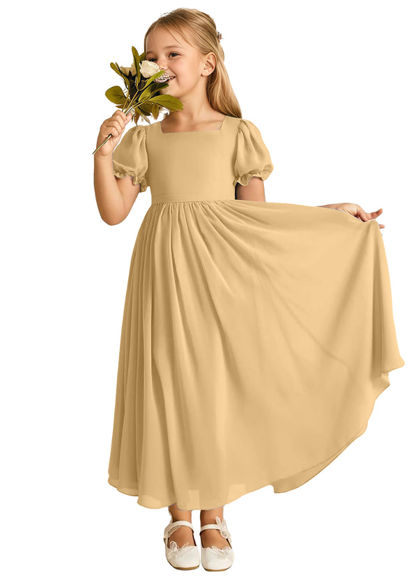A-line Scoop-Neck Short Sleeves Chiffon Junior Bridesmaid Dress
