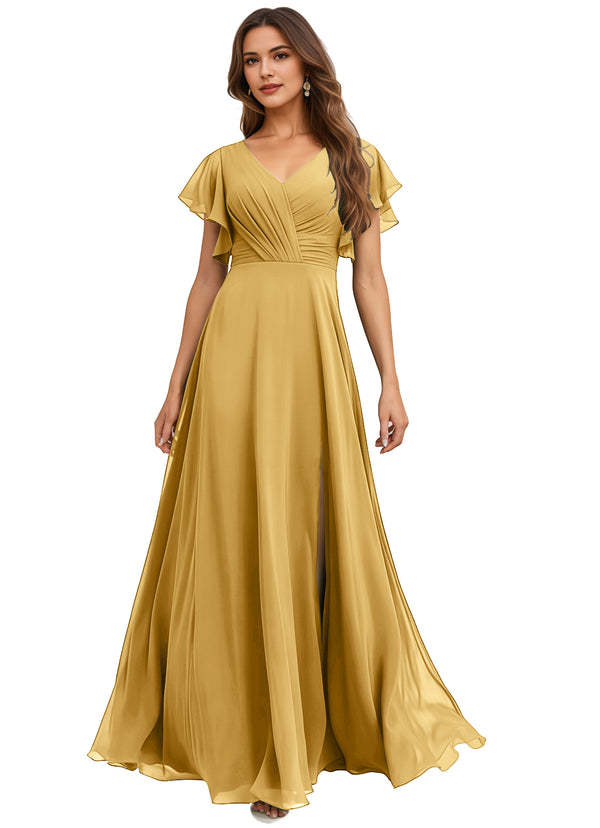 A-line V-Neck Floor-Length Chiffon Bridesmaid Dress With Ruffle