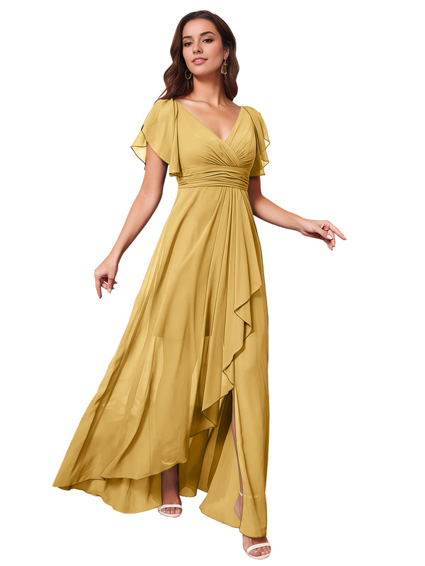 A-line V-Neck Floor-Length Chiffon Bridesmaid Dress With Ruffle