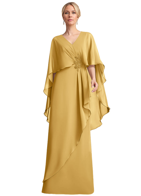 A-line V-Neck Floor-Length Chiffon Mother of the Bride Dress With Cascading Ruffles Beading
